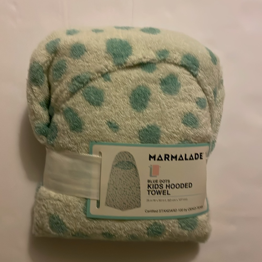 MARMALADE  hooded bath towel , teal and white , polka dot. 25 in W X 50 in. L